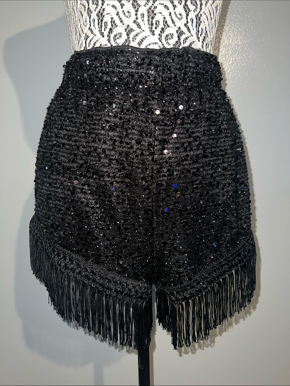 Black Sequin Fringe Women's High-Waist Shorts